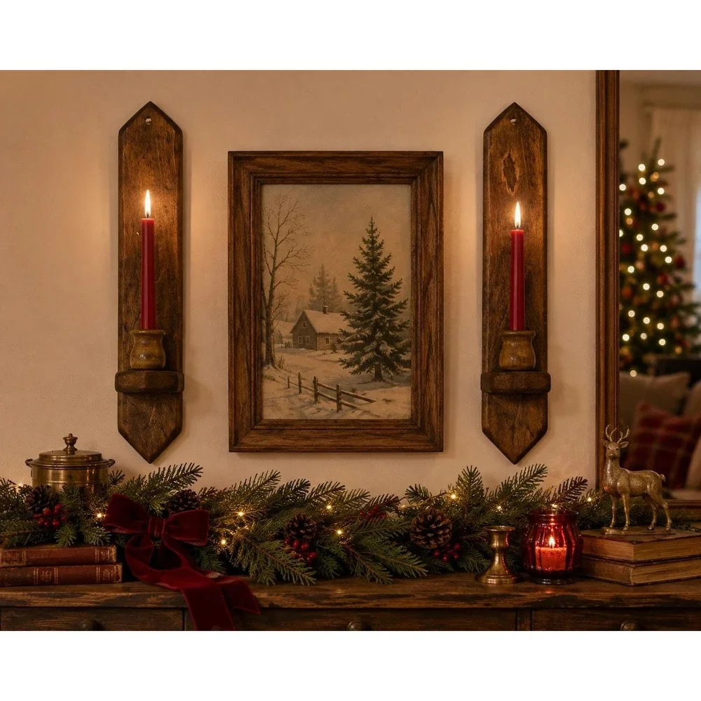 Vintage Wood Wall Candle Sconces Pair Primitive Country Farmhouse Candle Holders